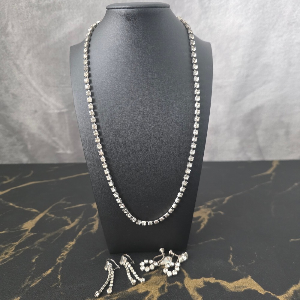 Vintage Rhinestone Jewelry Set Silver Tone Tennis Necklace & 2 Pairs Earrings